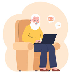 Grandfather checking email. Elderly man using laptop. Senior reading message online. Old man browsing internet. Elderly set