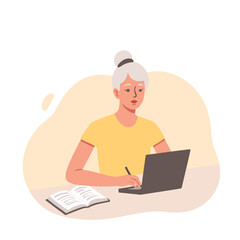 Elderly writer at desk. Senior author creating manuscript. Mature man writing with focus. Old writer working at home office. Elderly set