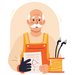 Elderly electrician with wires. Senior man fixing cables. Retired technician at work. Elderly worker with electric tools. Elderly set