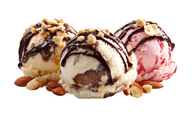Three scoops of ice cream with chocolate drizzle and mixed nuts isolated on a transparent background
