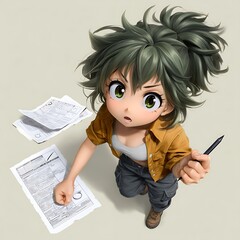 Anime girl with messy hair and big eyes holding a pen looks up from papers