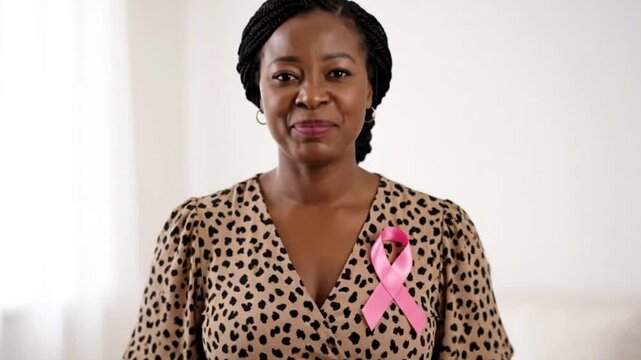 Woman with braids wearing a pink ribbon hands in prayer position against a white background