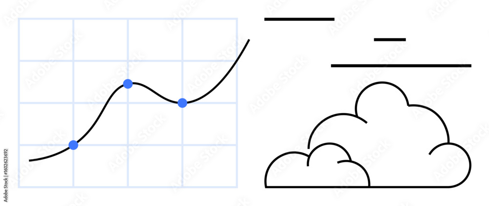 Poster line graph with data points on a grid next to cloud icons and horizontal lines. ideal for analytics,