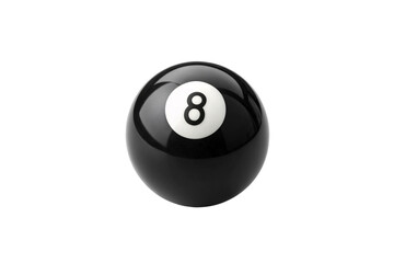 Black billiard eight ball with glossy surface and white numbered circle, isolated on a transparent background