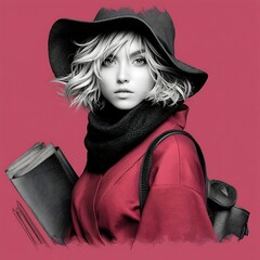 Stylish Young Woman with Blonde Hair Wearing a Red Jacket and Black Hat