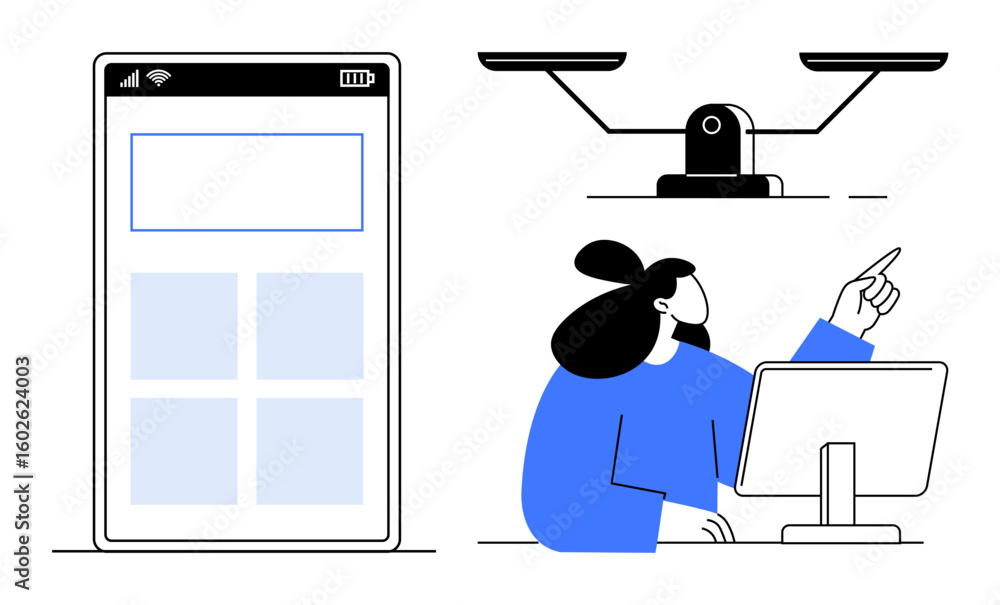 Poster woman examining computer screen while gesturing, digital device, and balance scale. ideal for techno