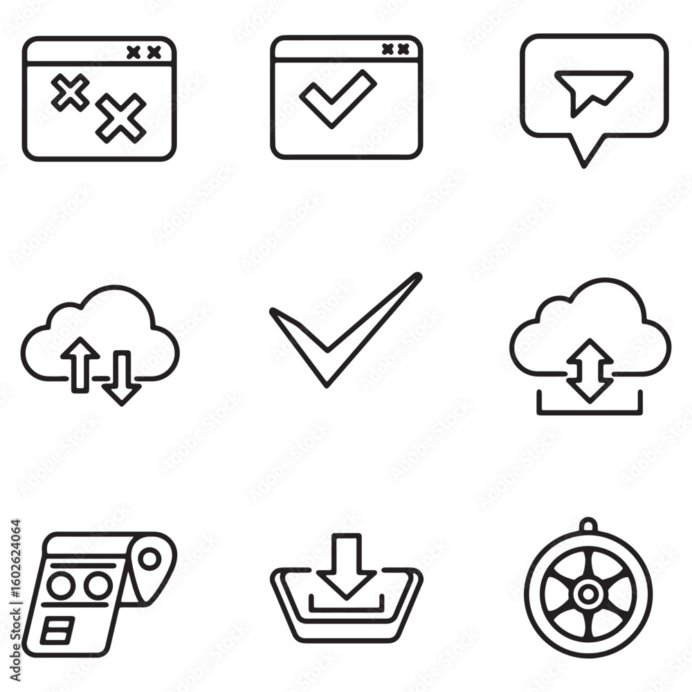 Aufkleber Collection of minimalist outline icons representing data cloud messaging and web application elements