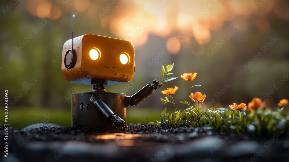 Poster robot exploring nature: a whimsical robot gently interacts with a vibrant flower in a natural settin