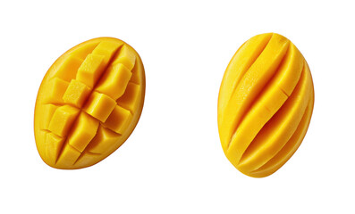 Two mango halves, one cubed, isolated on white. Tropical fruit, food, snack, yellow, freshness, healthy, ingredient, dessert, ripe, cut, delicious, vitamin rich, diet