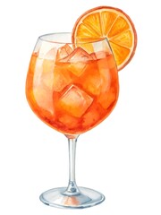 Vibrant watercolor aperol spritz cocktail with orange slice and ice