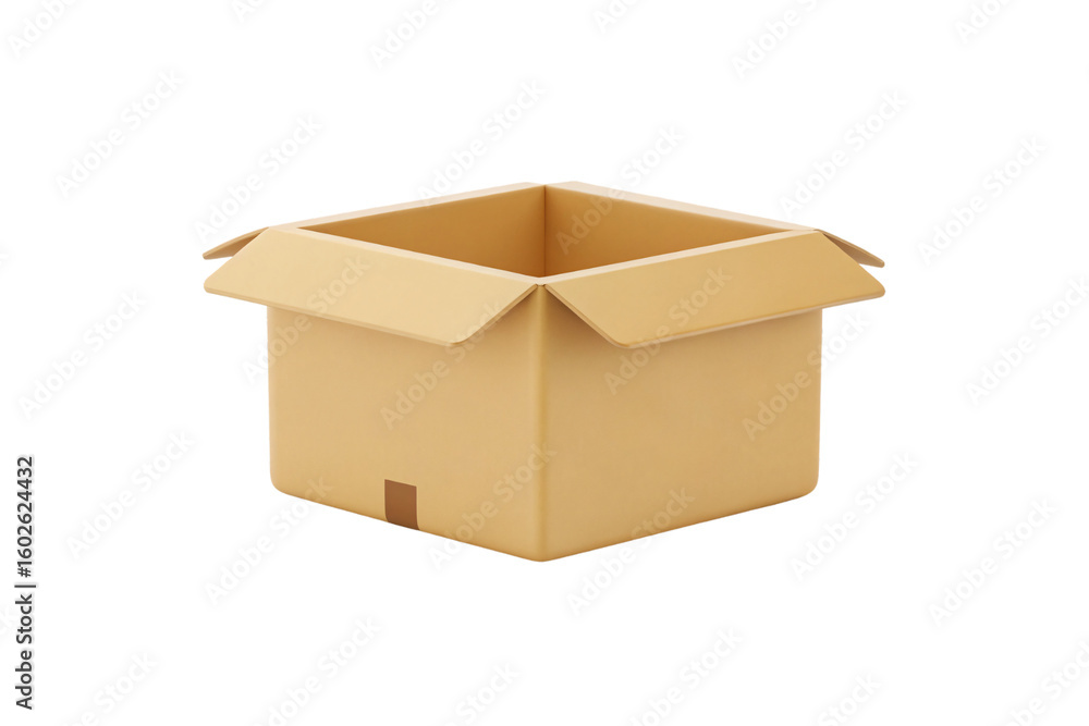 Poster empty brown cardboard shipping box with open flaps ready for packing and delivery purposes, isolated