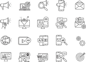 Digital marketing icon collection, analytics and conversion vector set, SEO and mobile strategy graphics for web, apps, presentations, branding, and online business content
