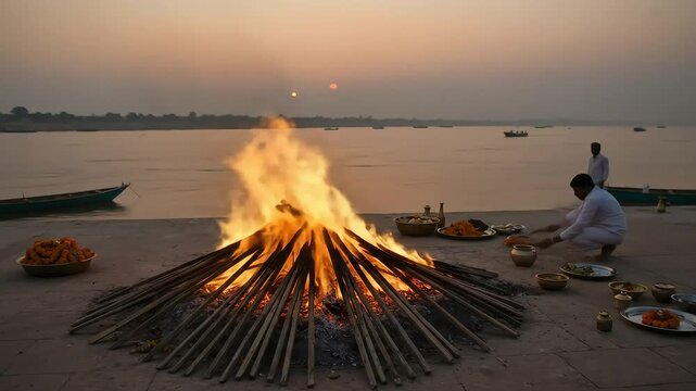 Fiery Funeral Ceremony Burning On Riverbank At Sunset With Offering And Religious Ritual