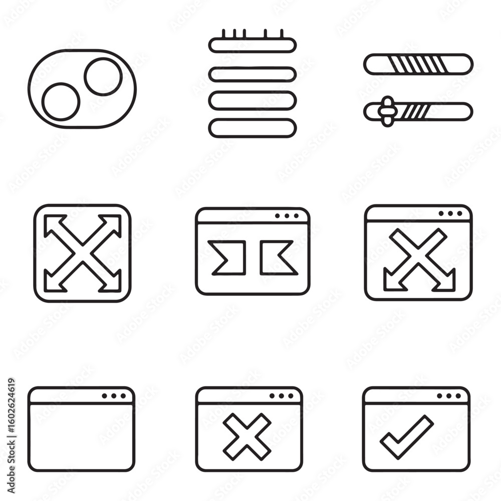 Poster collection of minimalist outline interface and ui icons representing control and options