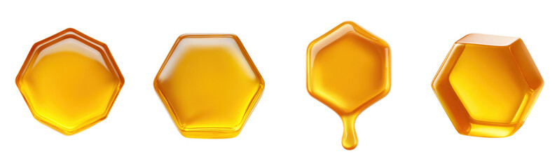 Honey drips in hexagon shapes, studio shot. Sweet, golden, nectar, honey, liquid, delicious, food, healthy, organic, sugar, natural, honeycomb, hexagon