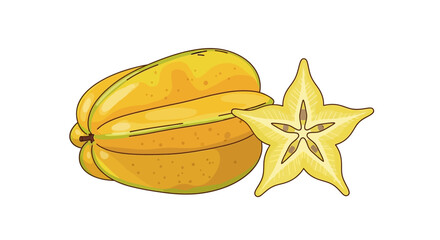 A detailed illustration of a whole carambola and a star-shaped slice. This ripe, yellow tropical fruit is depicted isolated on a clean white background.