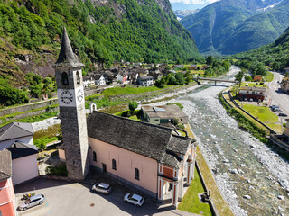 Drone view at Bignasco on Maggia valley on the Swiss alps