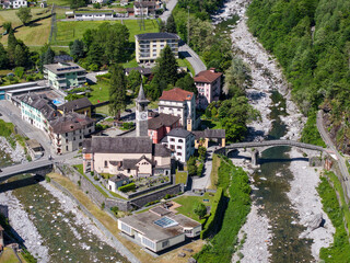 Drone view at Bignasco on Maggia valley on the Swiss alps