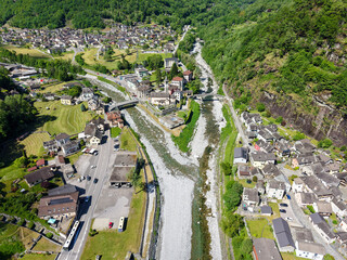 Drone view at Bignasco on Maggia valley on the Swiss alps