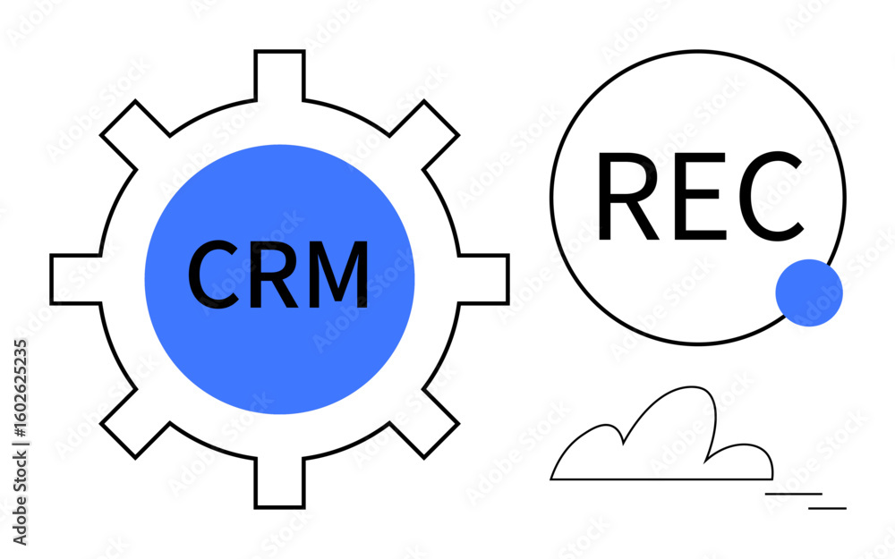 Poster blue gear with crm text, circle with rec text, cloud graphic representing data systems, automation, 