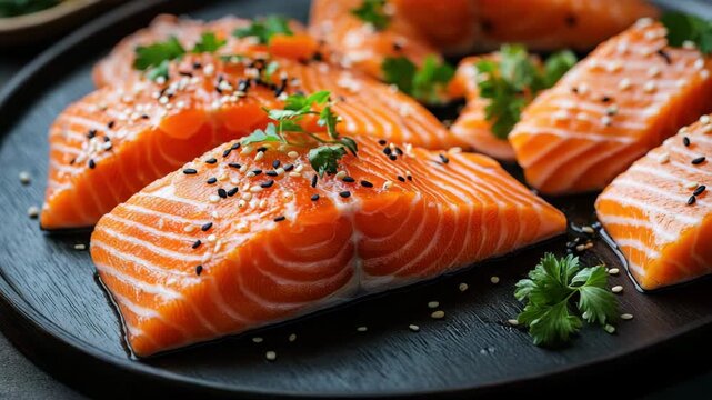 Fresh raw salmon fish fillet garnished with black and white sesame seed and fresh green parsley on dark plate showcasing vibrant orange seafood texture and healthy ingredients meal