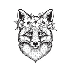 Charming vector illustration of a fox wearing a whimsical flower crown, ideal for cute and nature designs. Wildlife Animals .