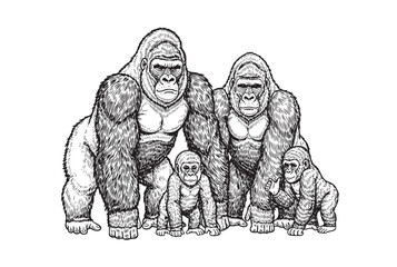 Powerful vector illustration of a gorilla family, perfect for themes of nature and strength. Wildlife Animals.