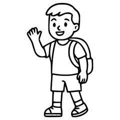 Obraz premium Boy cartoon character with backpack waving for kids coloring book