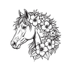 Elegant vector illustration of a horse wearing a beautiful flower crown, perfect for gentle and nature themes.