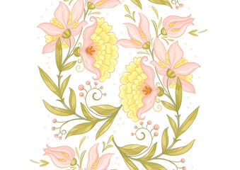 Fantasy flowers in retro, vintage, jacobean embroidery style. Seamless pattern, background. Vector illustration.