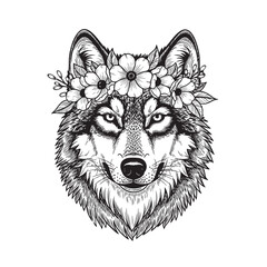 Striking vector illustration of a wolf wearing a majestic flower crown, great for wild and mystical themes. Wildlife Animals.