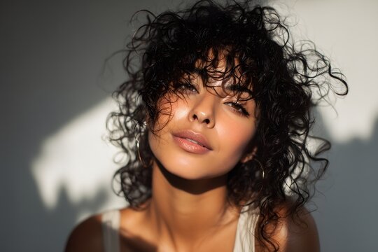 Woman Curly Hair Sunlight, Calm Expressive Gaze, Natural Beauty Portrait, Shadows On Face