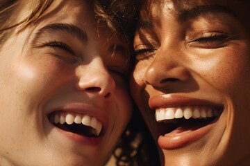 Two joyful women laughing, Diverse female friends candidly happy, Authentic happiness close-up portrait, Genuine smiles shared moment.