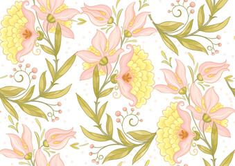 Fantasy flowers in retro, vintage, jacobean embroidery style. Seamless pattern, background. Vector illustration.