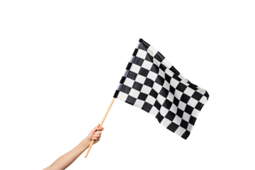 Hand holding small black and white checkered racing flag with alternating squares pattern design, isolated on a transparent background
