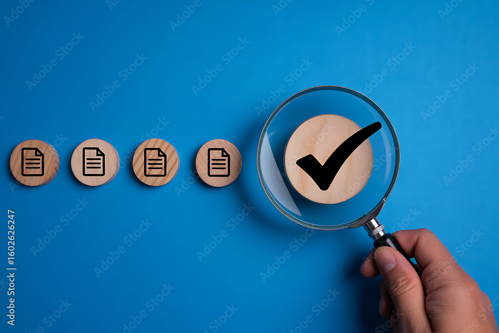 Poster magnifying glass over a wooden circle with a checkmark symbol representing approval and verification