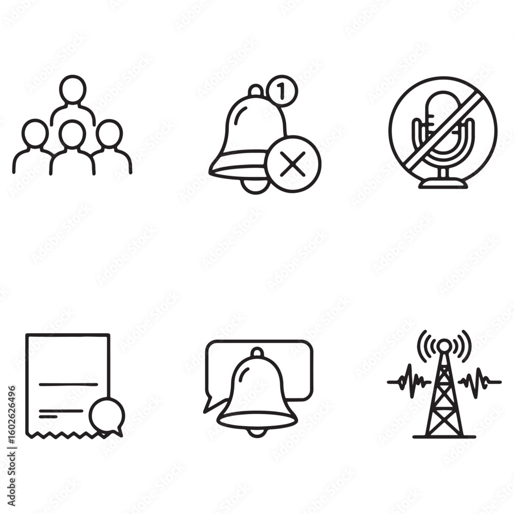 Poster collection of modern minimalist line icons representing concepts of communication and notifications