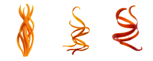 Three carrot curls spiral upward. Strips of fresh vegetable used for garnish. Food photography, healthy, vibrant, creative, nutrition, ingredient, vegan, vegetarian.