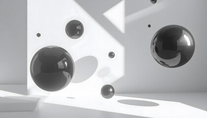 Black spheres floating in white minimalist room with window light