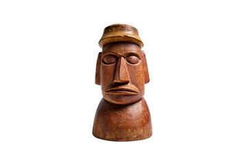 Traditional wooden sculpture with stylized human face and cap, isolated on a transparent background