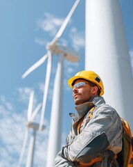Male engineer wearing yellow hard hat and sunglasses stands confidently in front of wind turbines, showcasing renewable energy technology and commitment to sustainable development in a clear blue sky
