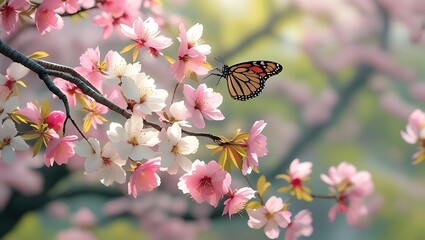 Butterfly on a delicate pink cherry blossom branch in soft light