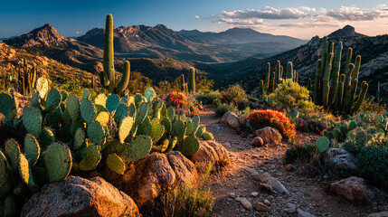 Arizona Desert Landscape Shines. Sunlight warms cacti, mountains, and flowers. Hiking trail. Use for travel, nature, southwestern themes, editorial, or web design.