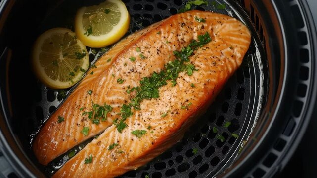 Grilled salmon fillet seasoned with herbs and pepper cooking in air fryer basket with lemon slices showcasing healthy fish cooking and flavorful meal preparation