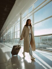 Stylish solo traveler walks through sunlit terminal with luggage, capturing modern mobility, freedom, and international travel lifestyle moments.