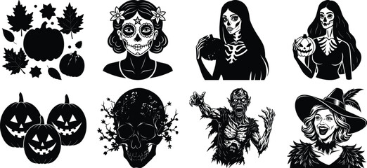 Obraz premium black and white vector illustration of an halloween set