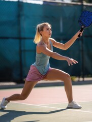Young female athlete lunges to return shot during active pickleball game, showing agility, competitive energy, and outdoor sports dedication.