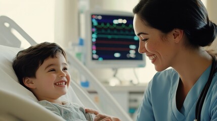 Nurse gently sits with child in hospital, symbolizing healthcare compassion, pediatric care, trust, and emotional human connection.