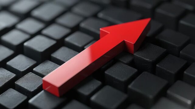 Red arrow on black cube and keyboard keycaps symbolizing 3d growth progress business technology direction pointing upward with sharp focus and shallow depth of field for dynamic advancement