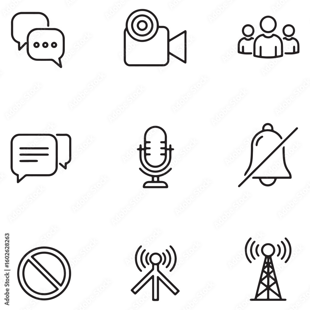 Poster collection of simple line icons representing communication and connectivity in modern design